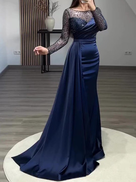 Shop 2024 ANNAKOO  Beading Navy Blue Long Sleeve Trumpet Mermaid Prom Dress Under 155