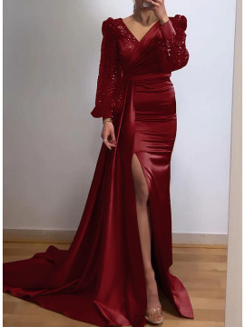 Shop 2024 ANNAKOO Long Sleeve V Neck Satin Burgundy Trumpet Mermaid Prom Dress Under 168