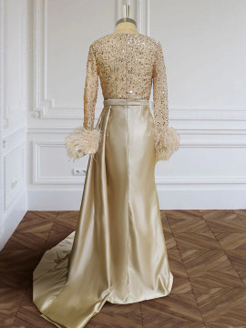 Shop 2024 ANNAKOO Champange V Neck Long Sleeve Feather Sequin Prom Dress Under 179