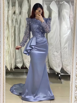 Shop 2024 ANNAKOO Long Sleeve Blue Sequin Satin Trumpet Mermaid Prom Dress Under 169