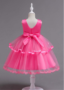 Rose Handmade Flowers Tulle & Satin Jewel Ball Gown Flower Girl Dress