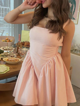 Shop 2024 ANNAKOO Pink Straps Short Mini Satin Backless Homecoming Dress Under 99