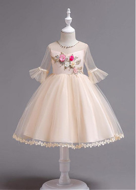 Champagne In Stock Handmade Flowers Jewel Neck Ball Gown Flower Girl Dress With
