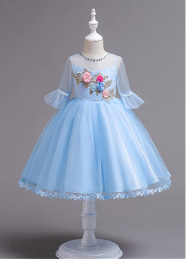 Blue In Stock Handmade Flowers Jewel Neck Ball Gown Flower Girl Dress With