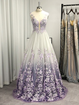 Shop 2024 ANNAKOO Princess V-neck Tulle Applique Purple Prom Dress Under 219