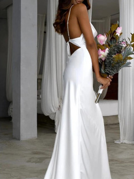 Shop 2024 ANNAKOO Elastic Woven Satin Ruched Spaghetti Straps Wedding Dress Under 149