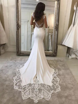 Shop 2024 ANNAKOO Sheath Column V-neck Backless Sweep/Brush Train Wedding Dress Under 168
