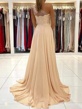 Shop 2024 ANNAKOO Champange Chiffon Appliques One Shoulder Prom Dress With Sit Under 138