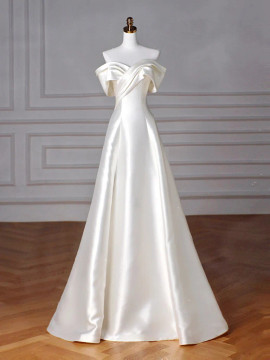 Shop 2024 ANNAKOO Elegant Off-Shoulder Satin A Line Wedding Dress Under 148