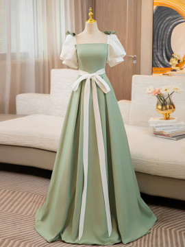 Shop 2024 ANNAKOO Delicate Sage Green Puffy Sleeve Prom Dress with Belt Under 139