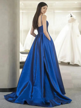 Shop 2024 ANNAKOO A-Line Spaghetti Straps Satin Blue Prom Dress With Pockets Under 119