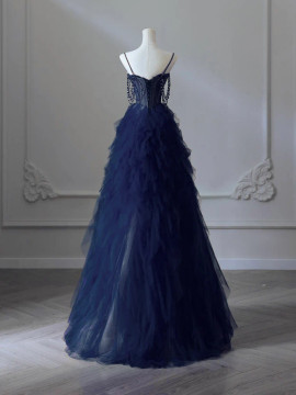 Shop 2024 ANNAKOO A-Line Sweetheart Beading Tulle Dark Blue Ruffles Prom Dress Under 239
