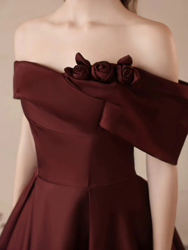 Shop 2024 ANNAKOO Burgundy Off-Shoulder Flowers Satin Prom Dress Under 159
