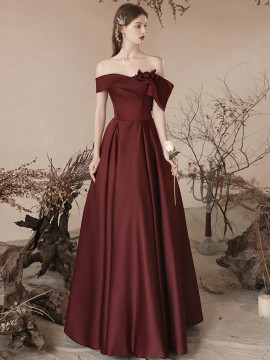 Shop 2024 ANNAKOO Burgundy Off-Shoulder Flowers Satin Prom Dress Under 159