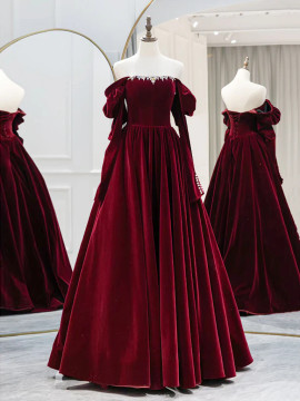 Shop 2024 ANNAKOO Beading A-Line Long Sleeves Velvet Burgundy Prom Dress Under 169