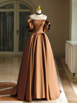 Shop 2024 ANNAKOO Elegant Off-Shoulder Satin Bronze Prom Dress Under 138