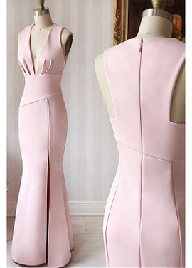 Satin V-neck Pink Mermaid Bridesmaid Dress With Slit