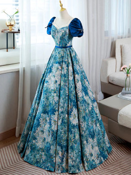 Shop 2024 ANNAKOO Vintage-Inspired Blue Floral Short Sleeves Prom Dress Under 149