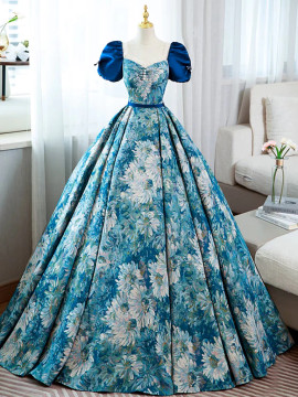 Shop 2024 ANNAKOO Vintage-Inspired Blue Floral Short Sleeves Prom Dress Under 149