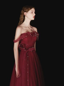 Shop 2024 ANNAKOO Burgundy Off The Shoulder Beading Tulle Prom Dress Under 166