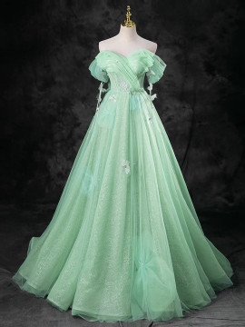 Shop 2024 ANNAKOO Green A-Line Off Shoulder Tulle Flowers Prom Dress Under 179