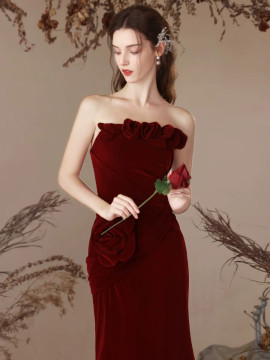 Shop 2024 ANNAKOO Mermaid Velvet Burgundy Flower Strapless Prom Dress Under 148