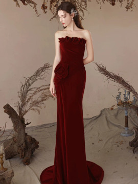 Shop 2024 ANNAKOO Mermaid Velvet Burgundy Flower Strapless Prom Dress Under 148