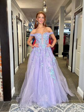 Shop 2024 ANNAKOO Lavender Off-Shoulder Floral Tulle Prom Dress Under 189