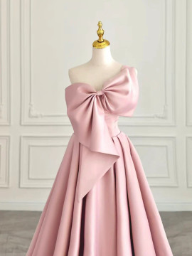 Sweetheart Bow Satin Pink Long Prom Dress
