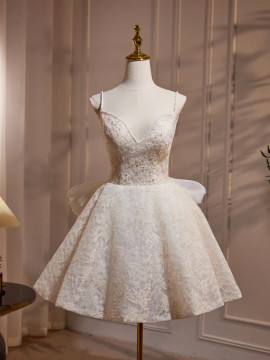 Shop 2024 ANNAKOO A-Line V Neck Lace Ivory Beading Homecoming Dress With Bowknot Under 137