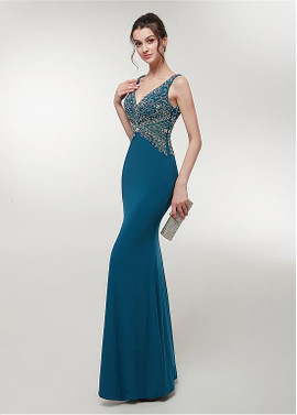 Spandex V-neck Long Mermaid Evening Dress With Beadings