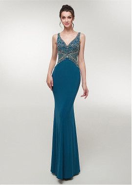 Spandex V-neck Long Mermaid Evening Dress With Beadings