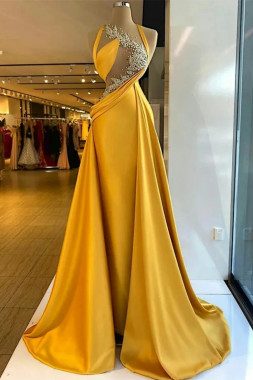 Shop 2024 ANNAKOO Yellow Beading Satin Sheath Column Cut Prom Dress Under 245
