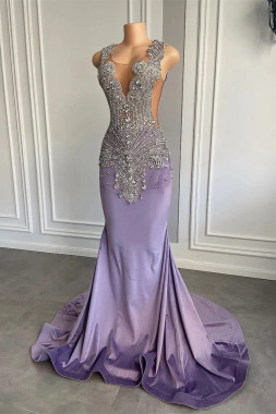 Shop 2024 ANNAKOO Purple Beading Scoop Satin Sheer Mermaid Prom Dress Under 278

