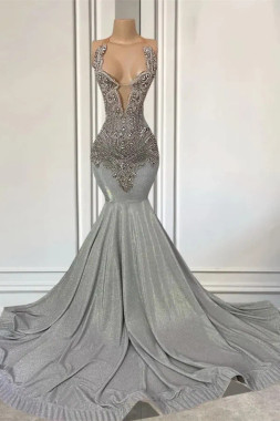 Shop 2024 ANNAKOO  Silver Trumpet Mermaid Beading Sheer Sequin Prom Dress Under 249