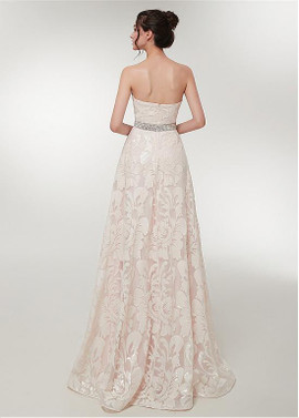   Beadings Lace Sweetheart Champagne A-line Prom Dress 