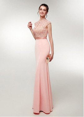 Beading Satin High Collar Long Mermaid Evening Dress 