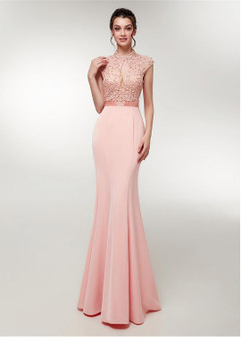 Beading Satin High Collar Long Mermaid Evening Dress 