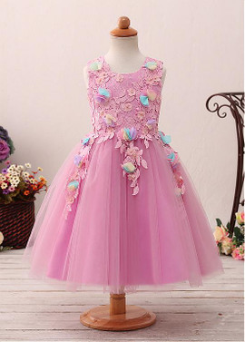 Purple Handmade Flowers Scoop A-line Flower Girl Dress