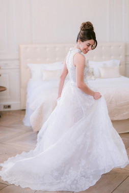 Shop 2024 ANNAKOO High Neck A Line Tulle Appliques Ruffles Wedding Dress Under 199