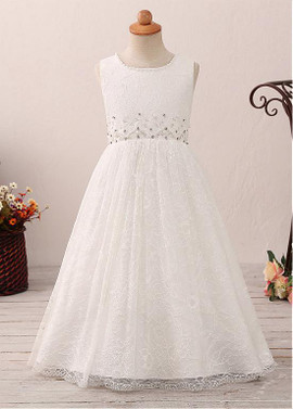  Lace Jewel Simple A-line Flower Girl Dress With Belt