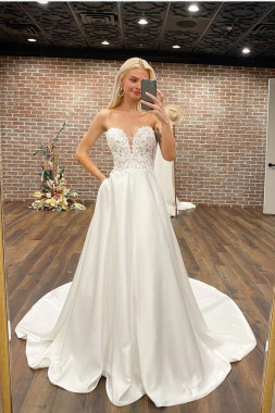 Shop 2024 ANNAKOO A Line Sweetheart Satin Lace Appliques Wedding Dress With Pockets Under 199