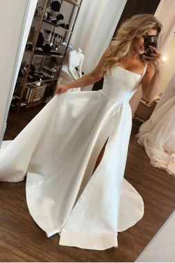 Shop 2024 Annakoo Square Neck A-line Satin Wedding Dress With Slit Under 168