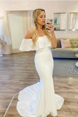 Shop 2024 ANNAKOO Off The Shoulder Satin Trumpet Mermaid Ruffles Wedding Dress Under 198