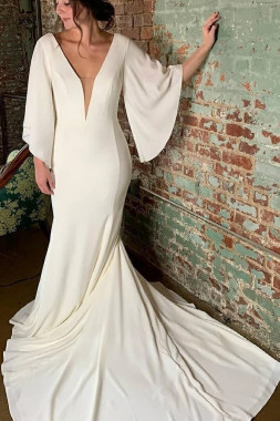 Shop 2024 ANNAKOO Flared Sleeves Deep V Neck Trumpet Mermaid Wedding Dress Under 198