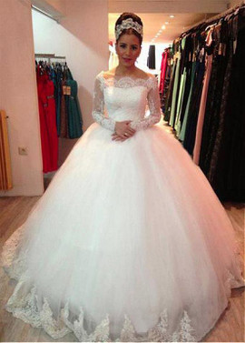  Beadings Off-the-shoulder Long Sleeve  Ball Gown Wedding Dress 