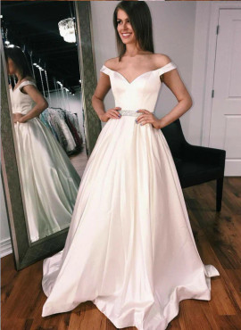 Shop 2024 ANNAKOO Off The Shoulder Satin A Line Beading Belt Wedding Dress Under 196