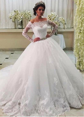 Tulle Off-the-shoulder Appliques & Belt Ball Gown Wedding Dress 