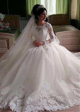 Tulle Jewel Long Sleeve Beading Ball Gown Wedding Dress 