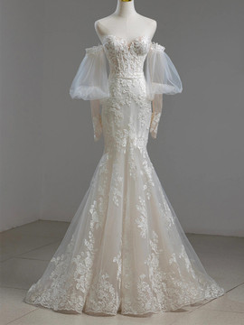 Shop 2024 ANNAKOO Detachable Long Sleeve Sweetheart Tulle Appliques Trumpet Mermaid Wedding Dress Under 198